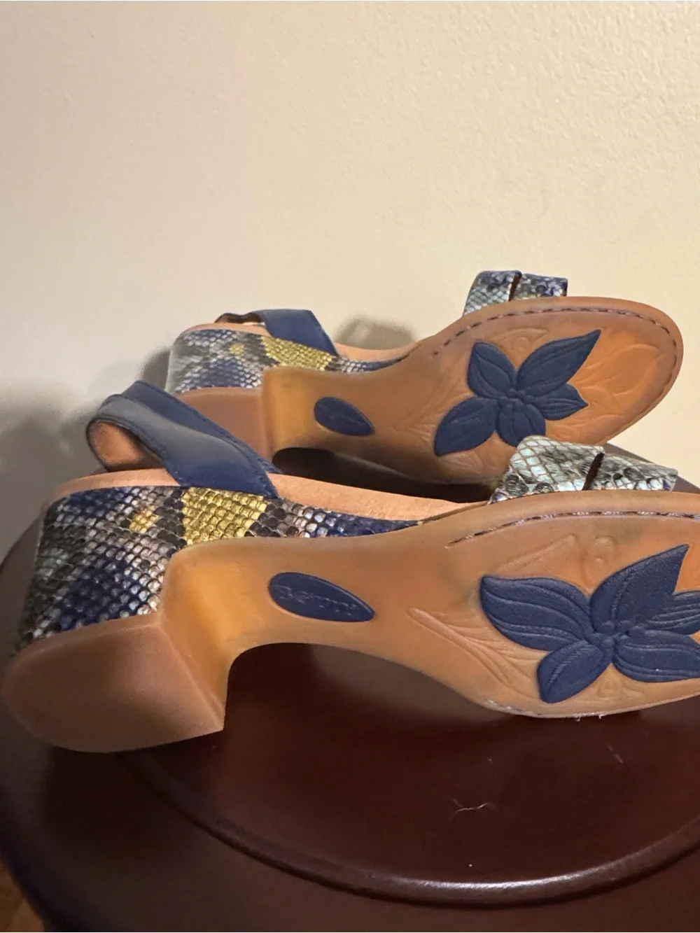 Born Blue Snake-Print Block Heel Sandals with Yellow Accents